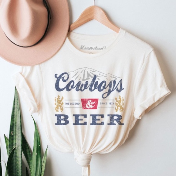 Tops - SOLD OUT White Cowboys & Beer Western Vintage Inspired Graphic Short Sleeve Tee